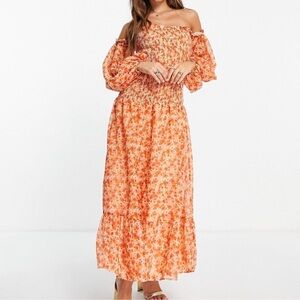 NWT ASOS Design Orange Floral Maxi Dress with Off Shoulder Sleeves & Flounce Hem